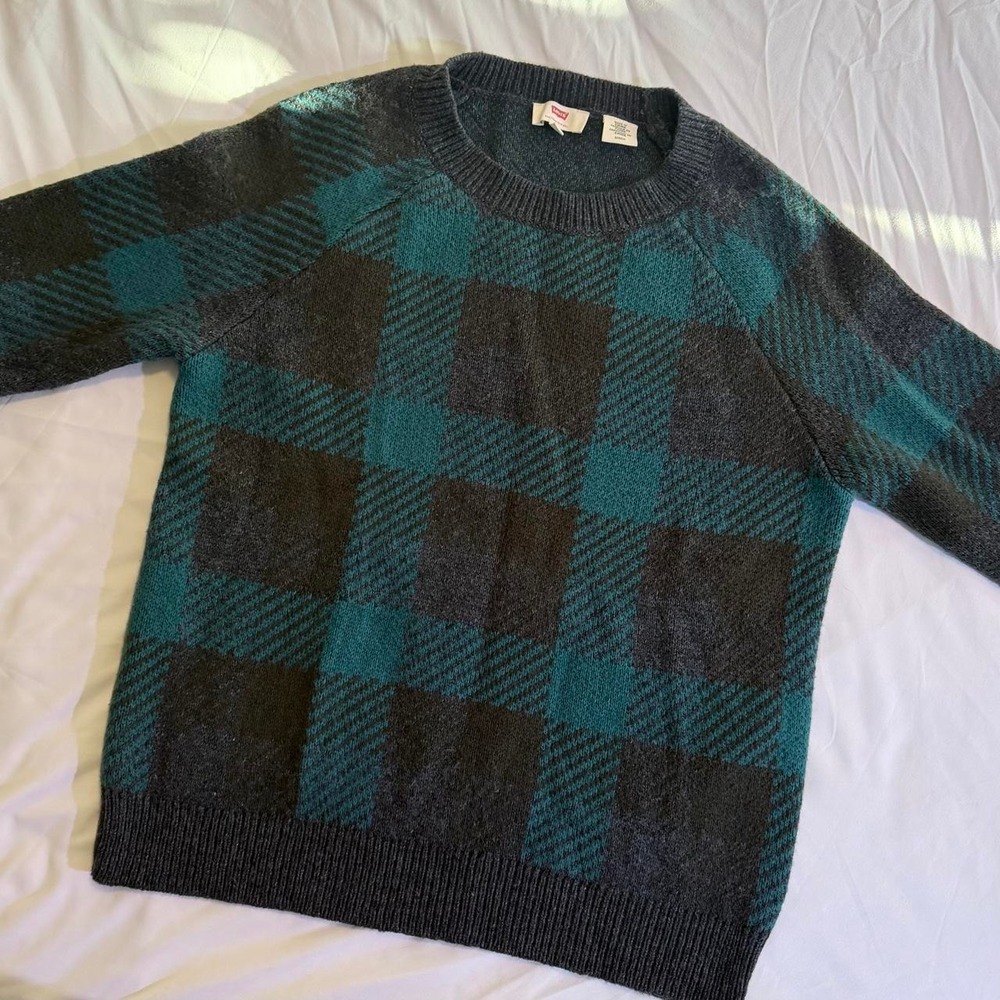 Levis Womens Plaid Wool Blend Sweater Charcoal Teal Buffalo Check Crewneck S